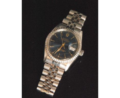 A stainless steel Rolex Oyster Perpetual Datejust gentleman's wrist watch, the circular blue sunburst dial with gilt batons a