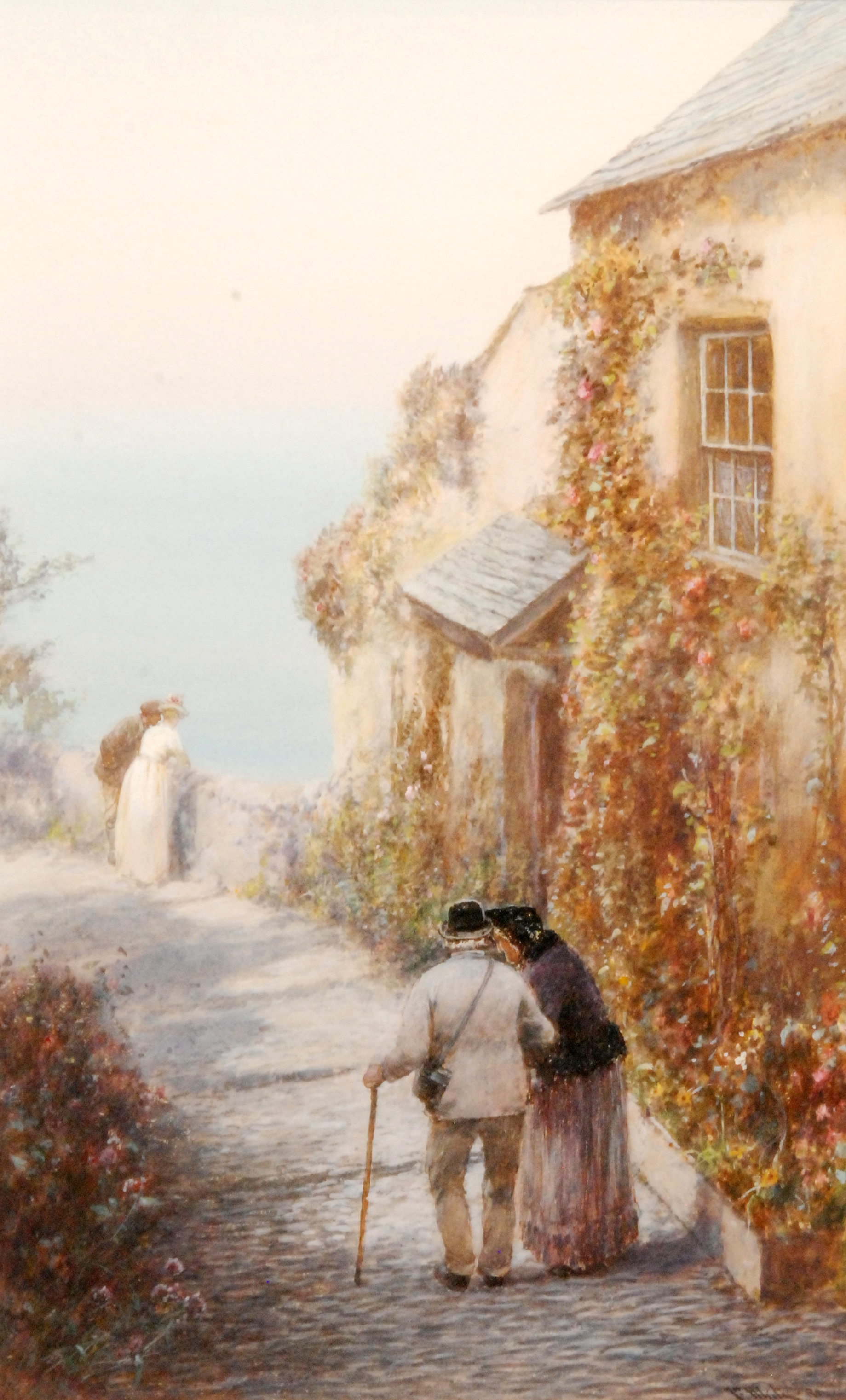 JOHN WHITE (18511933) Figures on a path in a Devon village