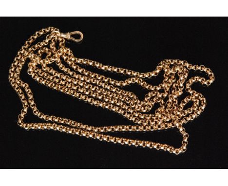 An early 20th Century 9ct belcher link guard chain terminating in pendant swivel, length 150cm, weight 46g. 