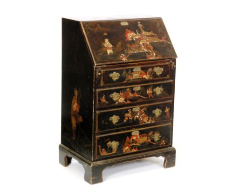 A 19th Century fall-front bureau in the chinoiserie taste, with lacquered figural detail upon a black ground, the fall-front 