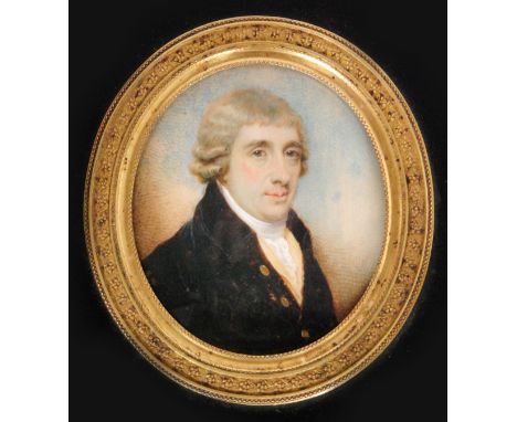CIRCLE OF GEORGE ENGLEHEART (1752-1829) - Portrait of gentleman wearing a black coat and yellow waistcoat, watercolour miniat