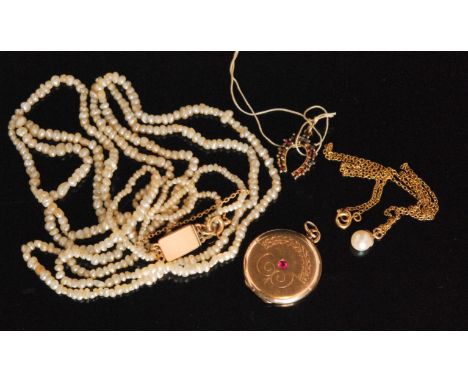A small parcel lot of jewellery to include a double strand of fresh water pearls, a 9ct rose gold circular locket, a garnet s