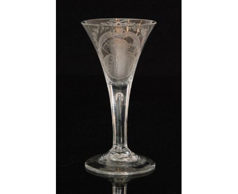 An 18th Century drinking glass circa 1740, flared trumpet bowl above a plain stem with internal tear, raised to a conical foo