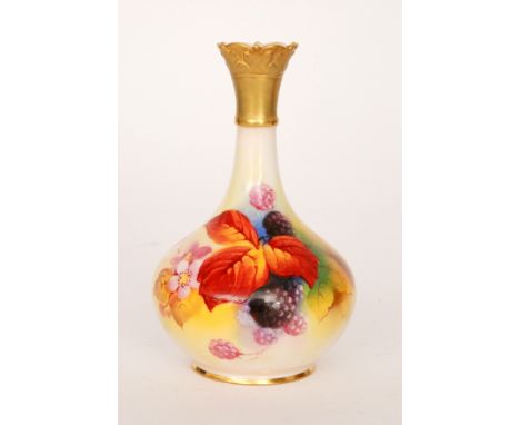 A Royal Worcester Grainger shape 702 vase of globe and shaft form decorated by Kitty Blake with hand painted autumnal fruits 