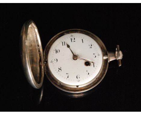 An early 19th Century hallmarked silver full hunter verge pocket watch, Arabic numerals to a white enamelled dial cylindrical