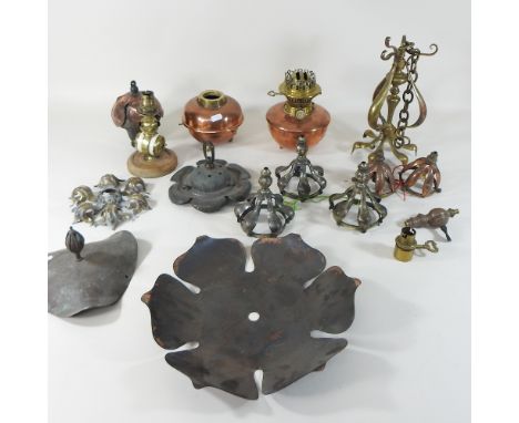 A box of various oil lamp reservoirs and parts, in the manner of WAS Benson