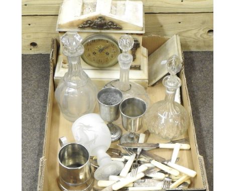 A box of items, to include a Victorian marble mantel clock, 28cm high, three cut glass decanters, silver plated cutlery and o