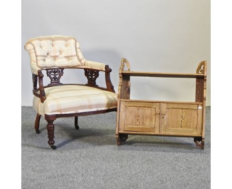 An Edwardian carved walnut and cream upholstered side chair, together with an antique pine wall shelf, 62cm