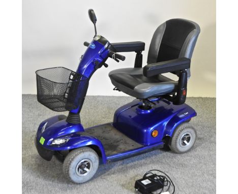 A blue Invacare mobility scooter, with charger