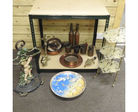 A Victorian cast iron stick stand, together with a collection of various brass and copper items and a Japanese Satsuma style 