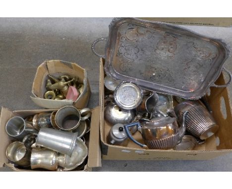 A collection of tankards, silver plated and pewter, including Nottingham and plated cutlery, Viners tray, tea service, etc.