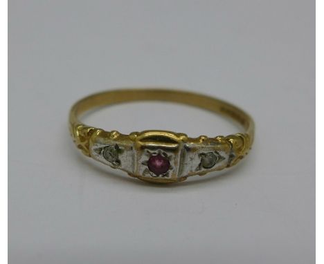 A 9ct gold, ruby and diamond ring, 1.3g, P