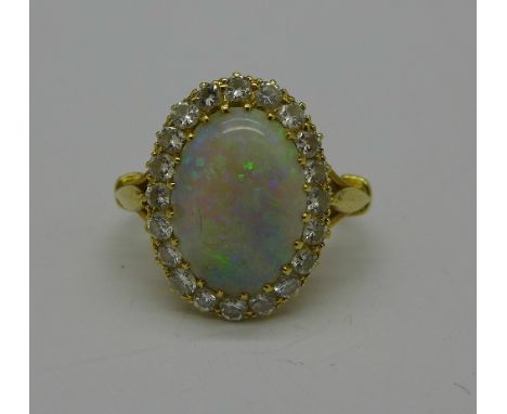 An 18ct gold, opal and diamond ring, 5g, P, opal 14mm x 10mm