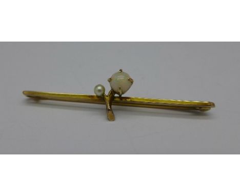 A 9ct gold, opal and pearl bar brooch, 1.8g