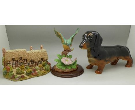 A Beswick Daschund, a Lilliput Lane Anne Hathaway's Cottage and a model kingfisher with base