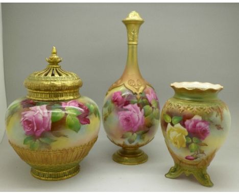 A Royal Worcester pot pourri vase, bears signature, Blake, finial a/f, a Royal Worcester bottle vase a/f and one other Royal 