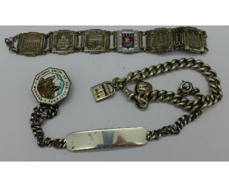 Three silver bracelets and a silver Agricultural button hole badge