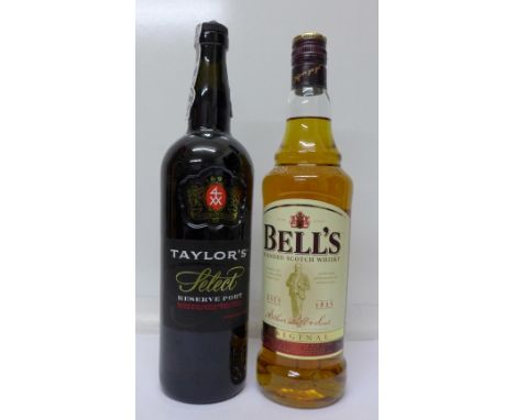 Two bottles; Bell's Scotch Whisky and Taylor's Select Reserve Port