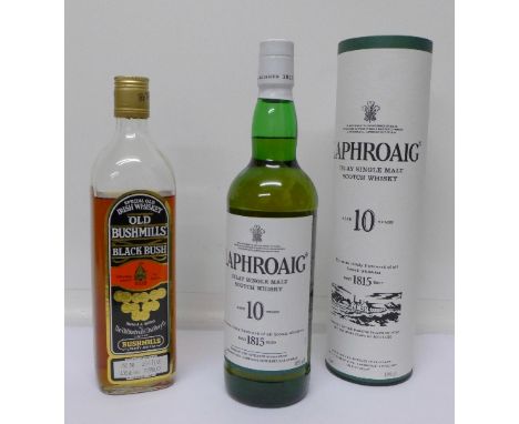 A bottle of Laphroaig Islay single malt scotch whisky, aged 10 years, boxed and a bottle of Old Bushmills Black Bush Irish wh