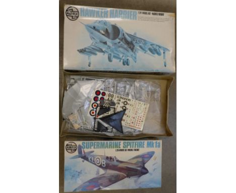 Two large Airfix model kits, Supermarine Spitfire MK1a, and Hawker Harrier, both 1/24 scale