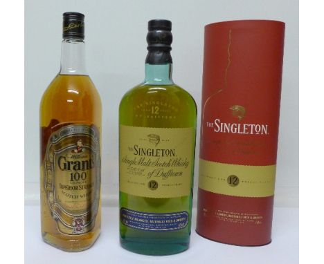 A bottle of The Singleton single malt Scottish Whisky of Dufftown, matured for 12 years, boxed, and a bottle of Grant's 100° 