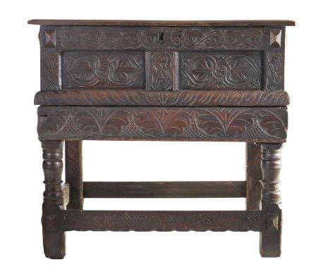 A Charles I oak and elm box-top table with drawer, West Country, probably Somerset, circa 1630The top of two triple-reeded bo