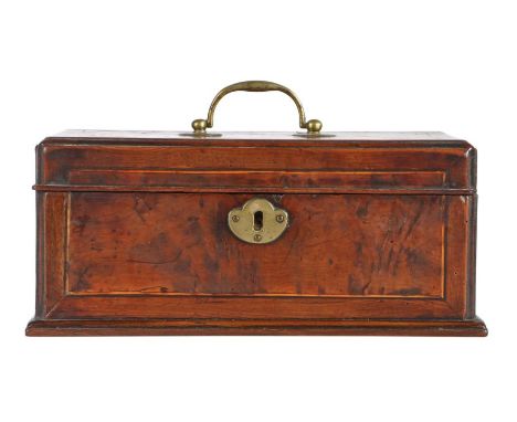 A George II yew tea caddy, circa 1740Crossbanded, box and ebony strung, original handle to lid, ovolo-moulded edges, interior