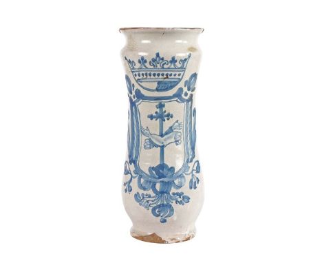 Late 18th/early 19th Century Spanish Albarello, Talavera, in white and blue glaze, a crown above a shield with crossed arms, 