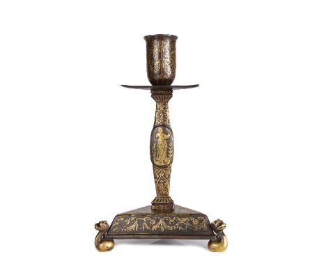 
A rare and fine 16th century iron and damascened brass candlestick, Italian, probably Milan, circa 1570

Finely decorated th