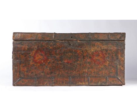 An 18th century Tibetan monastery chestOf boarded deal construction, with iron angle-straps, covered in canvas and painted wi
