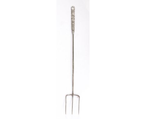 An early Victorian steel meat fork, dated 1839With three curving tines, the lozenge-section stem centred by a double-knop, fl