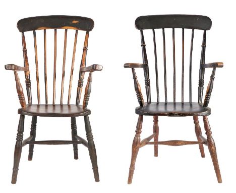 Two late 19th century beech, oak and alder Kitchen Windsor armchairs, circa 1850-80Each with a high back of five splayed spin