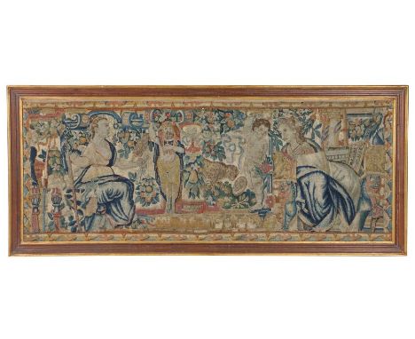 A panel of late 16th century tapestry, framedDesigned with Renaissance motifs and figures, including Classical maidens, carya