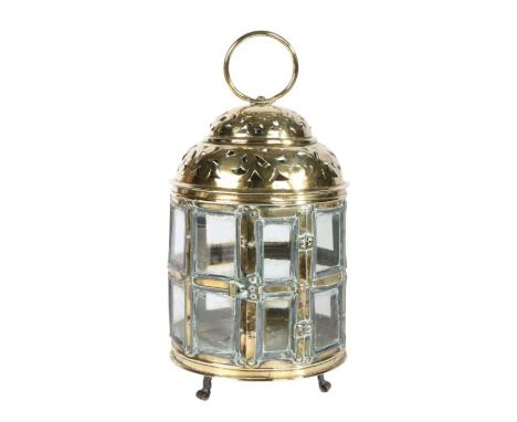 A 19th century sheet-brass hanging/table lantern, Dutch Of cylindrical form, with pierced double-dome top and large carry/sus