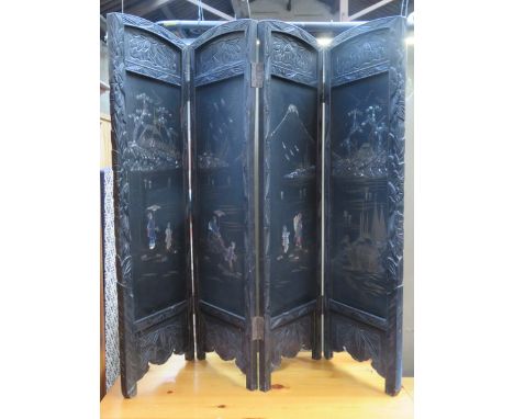 EBONISED AND CARVED ORIENTAL STYLE MOTHER OF PEARL FOUR FOLD SCREEN 