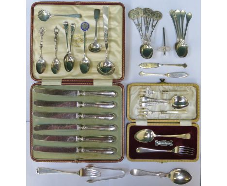 PARCEL OF CASED AND UNCASED SILVER FLATWARE INCLUDING SILVER HANDLED KNIVES, SPOON AND FORK SET, PART SETS OF TEASPOONS, ETC.