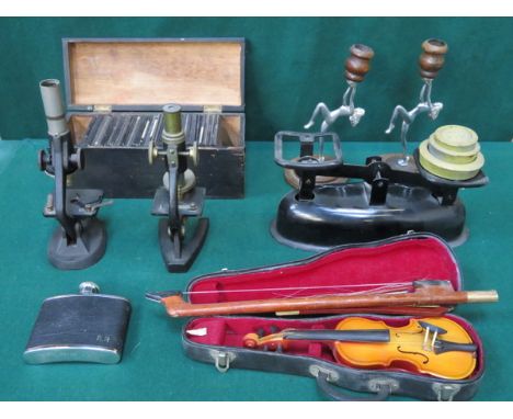 MIXED LOT INCLUDING GLASS SLIDES, ART DECO STYLE CANDLESTICKS, SCALES, TWO MICROSCOPES, MINIATURE CASED VIOLIN ETC.