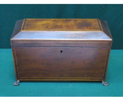 MAHOGANY INLAID SARCOPHAGUS FORM THREE SECTION TEA CADDY ON CLAW SUPPORTS 