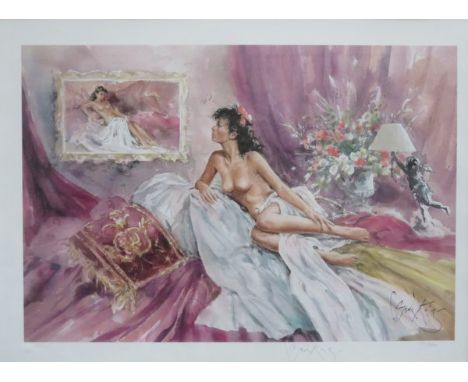 GORDON KING, FRAMED LIMITED EDITION PENCIL SIGNED POLYCHROME PRINT- UNTITLED, DEPICTING A SEMI NUDE FEMALE, No.571/850, APPRO