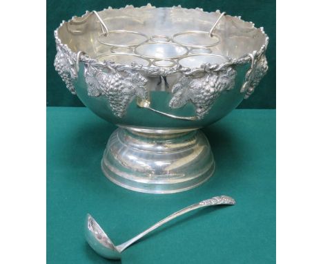 GOOD QUALITY SILVER PLATED RELIEF DECORATED PUNCH BOWL WITH LADLE ON STEMMED SUPPORTS