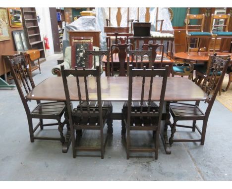 DARK OAK ERCOL REFECTORY STYLE DINING TABLE WITH SIX HIGH BACK CHAIRS 