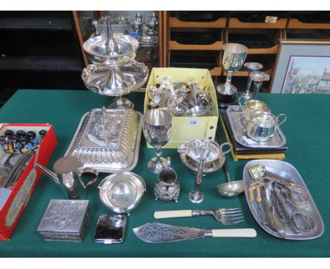 QUANTITY OF VARIOUS SILVER PLATED WARE, FLATWARE INCLUDING SILVER BANDED FISH SERVERS, ENTER DISH WITH COVER, TAZZAS, SOUP LA