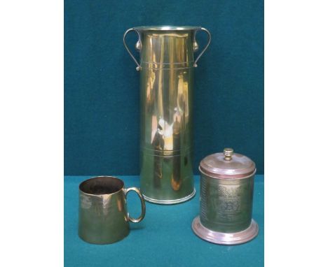 BRASS WORLD WAR I TRENCH ART TWO HANDLED ART NOUVEAU STYLE VASE, BRASS TANKARD INSCRIBED 'L/C MORRIS WINNER LIGHT WEIGHTS INT