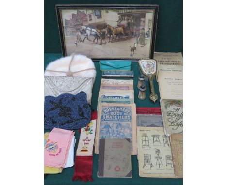 SUNDRY LOT INCLUDING PRINT, OPERA GLASSES, HARMONICA, BOOKLETS, BEADED BAGS ETC. 