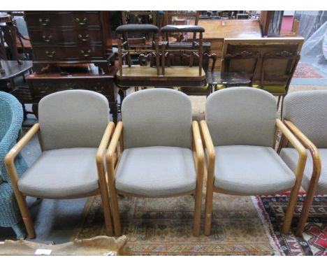 SET OF THREE LIGHT OAK FRAMED UPHOLSTERED OFFICE ARMCHAIRS BY GORDON RUSSELL 