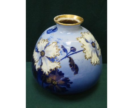 BLUE GLAZED CERAMIC VASE WITH FLORAL AND GILDED DECORATION, STAMPED VIENNA TO BASE 