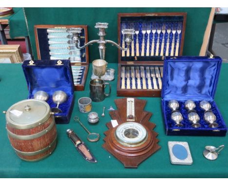 PARCEL OF SILVER PLATEDWARE, FLATWARE, BAROMETER, LORGNETTES ETC. 