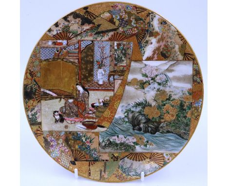 A fine Japanese Meiji period cabinet plate, having comprehensive decoration incorporating a geisha, seated cat and river, asy