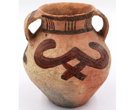 A Chinese Neolithic period urn, retaining almost all of its polychrome decoration and having two handles, H: 14 cm. P&P Group