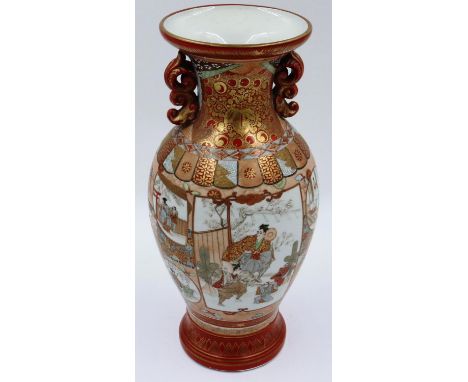 A Japanese Meiji period baluster vase, profusely gilt and decorated with panels depicting figures, having two applied handles